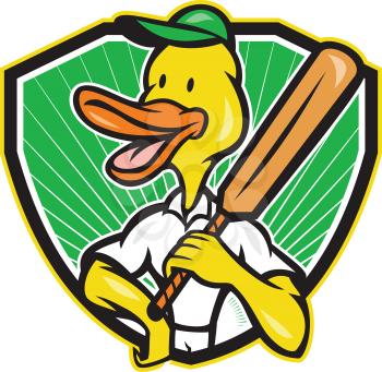Illustration of a duck cricket player batsman with bat batting facing front set inside shield with sunburst done in cartoon style.