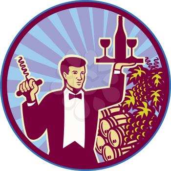 Retro style illustration of a waiter serving carrying wine glass and bottle on one hand and corkscrew on the other with wine barrels and grape vine in background set inside circle.