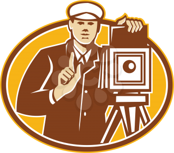 Illustration of a photographer shooting with vintage camera viewed from front done in retro woodcut style.