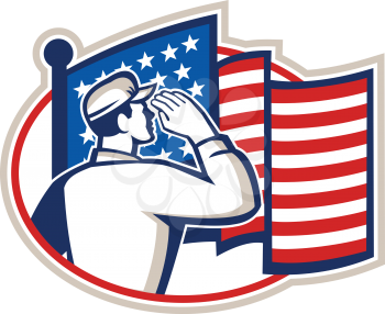 Illustration of an American soldier serviceman saluting USA stars and stripes flag viewed from rear set inside oval done in retro style.