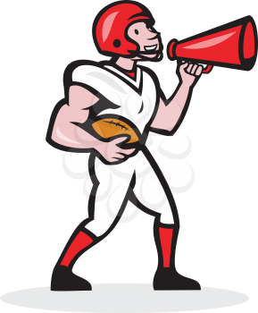 Illustration of an american football gridiron quarterback player holding bullhorn blowhorn shouting facing side on isolated white background done in cartoon style.