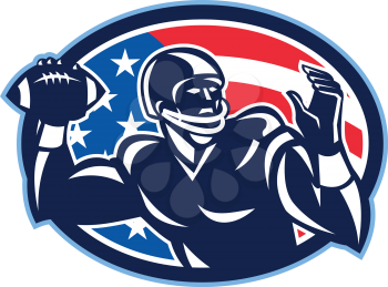 Illustration of an american football gridiron quarterback QB player throwing ball facing side set inside oval with USA stars and stripes flag done in retro style.