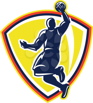 Illustration of a basketball player dunking rebounding lay up ball set inside shield crest done in retro style.