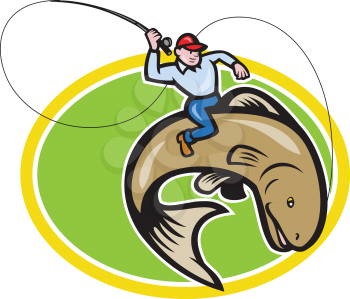 Illustration of a fly fisherman holding rod and reel riding trout fish set inside oval shape done in cartoon style on isolated background.