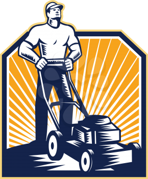 Illustration of male gardener mowing with lawn mower facing front done in retro woodcut style on isolated white background.