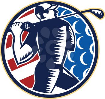 Illustration of an American golfer playing golf swinging club set inside circle with USA stars and stripes flag on isolated background.