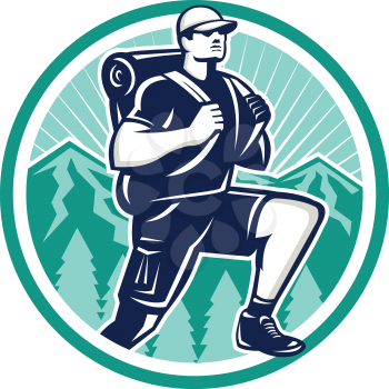 Illustration of a hiker hiking walking striding facing front with trees and mountains in background set inside circle done in retro style.