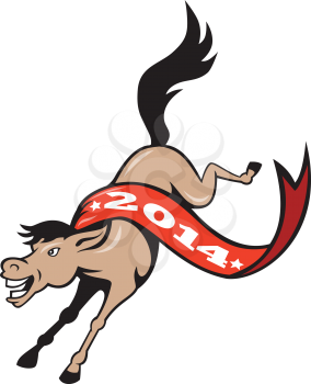 Illustration of a horse mascot jumping with ribbon on back with year 2014 which is the year of the horse done in cartoon style on isolated white background.
