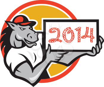 Illustration of a horse mascot wearing cap showing a sign with words numbers 2014 which is the year of the horse done in cartoon style on isolated white background.