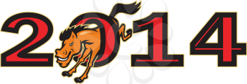 Illustration of a horse mascot jumping thru number zero of year 2014 which is the year of the horse done in cartoon style on isolated white background.