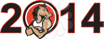 Illustration of a horse mascot lookng to side with arms folded inside number zero in  numbers 2014 which is the year of the horse done in cartoon style on isolated white background.