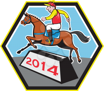 Illustration of a horse and jockey jumping over obstacle with year 2014 which is the year of the horse done in cartoon style on isolated white background.