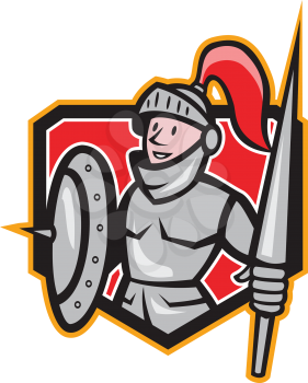 Illustration of knight in full armor with lance and shield facing front set inside shield done in cartoon style.