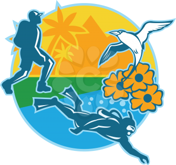 Illustration of a hiker hiking and scuba diver diving with  red-billed tropicbird flying up on black eyed suzy flower set inside circle done in retro style.