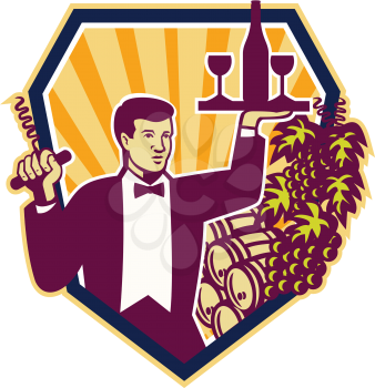Retro style illustration of a waiter serving carrying wine glass and bottle on one hand and corkscrew on the other with wine barrels and grape vine in background set inside shield.
