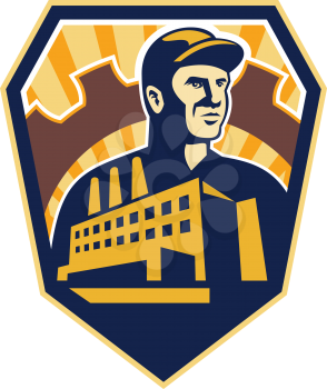 Illustration of a factory worker with factory building and mechanical gear cog in background set inside shield crest done in retro style.