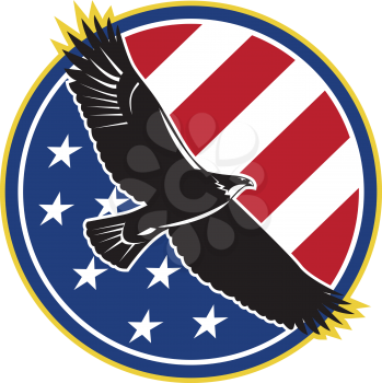 Illustration of a bald eagle soaring flying with american USA stars stripes flag set inside circle on isolated background done in retro style.