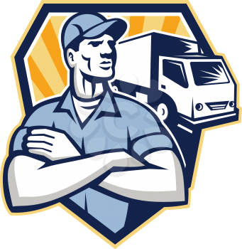 Illustration of a removal man delivery guy with moving truck van in the background set inside half circle done in retro style.