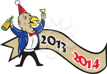 Illustration of a turkey in tuxedo suit wearing party hat holding wine bottle in one hand and glass on the other toasting for happy new year with ribbon 2014 done in cartoon style.