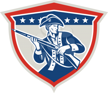 Illustration of an American Patriot holding a musket rifle facing front set inside crest shield with stars on isolated background done in retro style.
