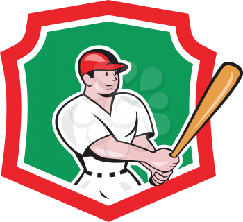 Illustration of an american baseball player batter hitter batting with bat set inside shield crest done in cartoon style isolated on white background.