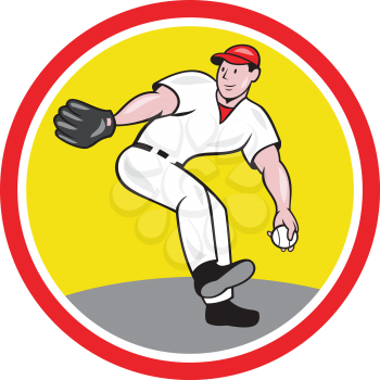 Illustration of an american baseball player pitcher outfilelder throwing ball isolated on white background set inside circle round shape.