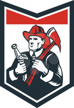 Illustration of a fireman fire fighter emergency worker looking up holding fire hose and fire axe inside shield done in retro woodcut style.