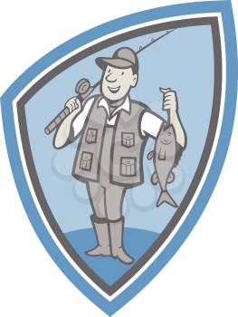 Illustration of a fly fisherman showing fish fatch holding rod and reel done in cartoon style set inside shield crest.