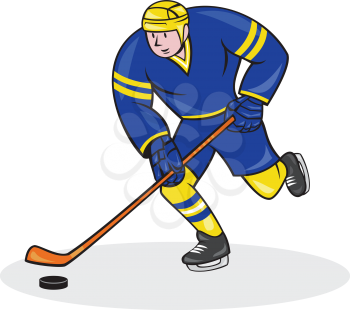 Illustration of an ice hockey player with hockey stick set inside oval shape done in cartoon style.