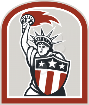 Illustration of statue of liberty holding up a flaming torch and shield on isolated background done in retro style.