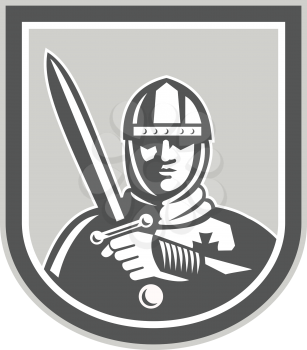Illustration of crusader knight in full armor brandishing a sword set inside shield crest facing front on isolated background done in retro style.