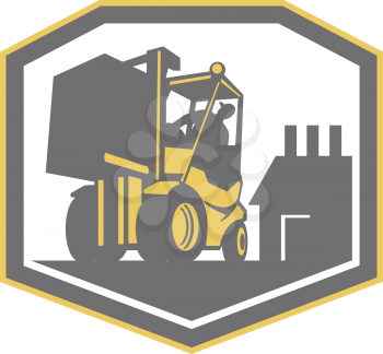 Illustration of a forklift truck and driver at work lifting handling box crate with logistics warehouse factory in background done in retro style inside shield crest shape.