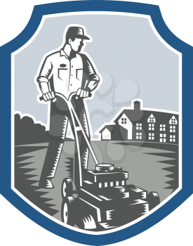 Illustration of male gardener mowing with lawn mower facing front set inside shield crest with house in background done in retro woodcut style.