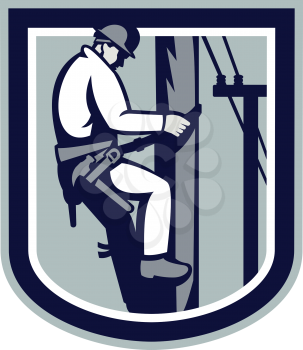 Illustration of a power lineman telephone repairman worker clmbing electric post repairing power cable done in retro style set inside shield.