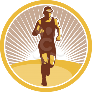Illustration of marathon triathlete runner running facing front view set inside circle on isolated done in retro style.
