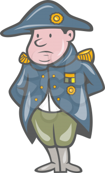 Illustration of a French military general with hands behind back facing front done in cartoon style on isolated background.