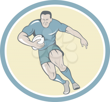 Illustration of a rugby player running with the ball viewed from front set inside circle done in cartoon style.