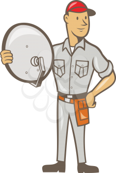Illustration of a cable tv installer guy holding satellite dish viewed from front done in cartoon style on isolated white background.