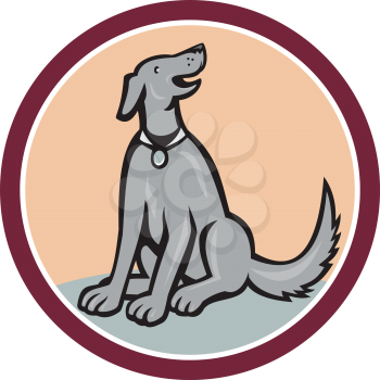 Illustration of a dog sitting down looking up set inside circle done in cartoon style on isolated background.