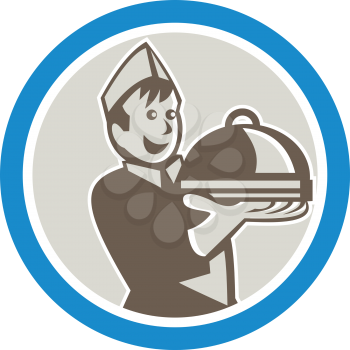 Illustration of a waiter holding serving plate platter of food facing front set inside circle on isolated background done in retro style.
