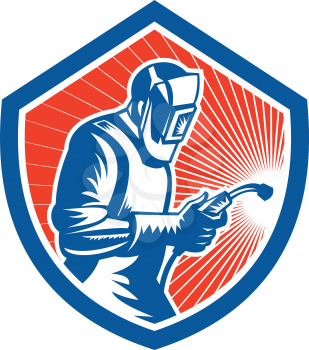 Illustration of welder worker working using welding torch viewed from side set inside shield on isolated background done in retro style.