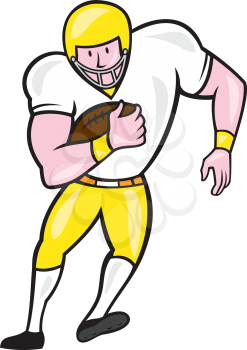 Illustration of an american football gridiron player fullback holding ball viewed from front set on isolated white background done in cartoon style.