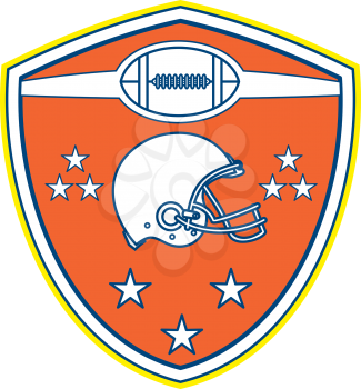 Illustration of an american football helmet viewed from the side with ball and stars set inside shield crest on isolated background done in retro style. 