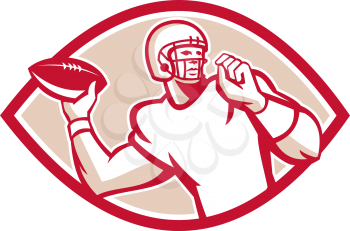 Illustration of an american football gridiron quarterback qb throwing ball set inside circle on isolated background done in retro style. 