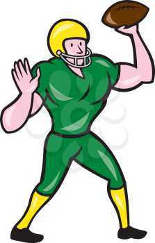 Illustration of an american football gridiron quarterback qb throwing ball set on isolated white background done in cartoon style. 