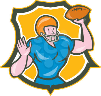 Illustration of an american football gridiron quarterback qb throwing ball set inside shield crest on isolated background done in cartoon style. 