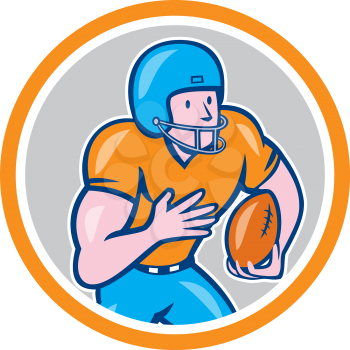 Illustration of an american football gridiron wide receiver player running with ball set inside circle on isolated background done in cartoon style.