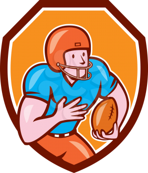 Illustration of an american football gridiron wide receiver player running with ball set inside shield crest on isolated background done in cartoon style.