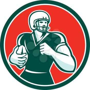 Illustration of an american football gridiron player running back with ball looking to the side set inside circle on isolated background done in retro style.