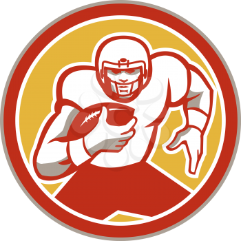 Illustration of an american football gridiron player running back with ball facing front set inside circle done in retro style.